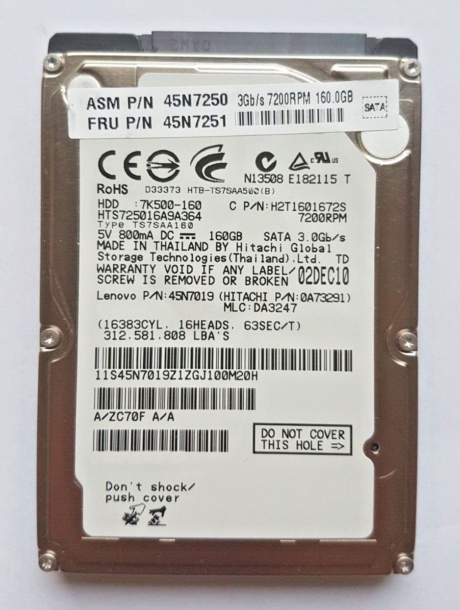 160 GB SATA 日立 HTS725016A9A364 7200 RPM 16 MB HDD 2.5 内蔵ハードドライブ