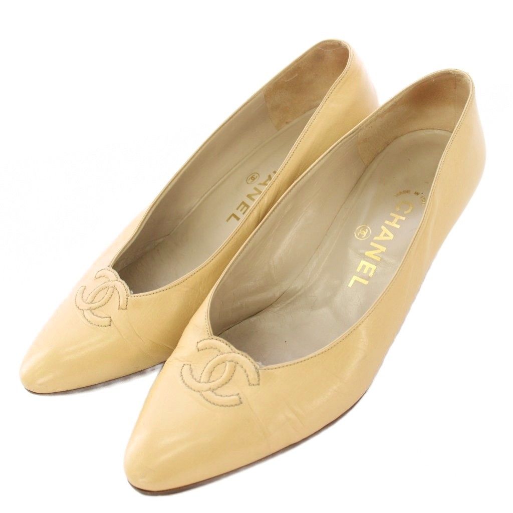シャネル CHANEL パンプス アーモンドトゥ ローヒール レザー ロゴ