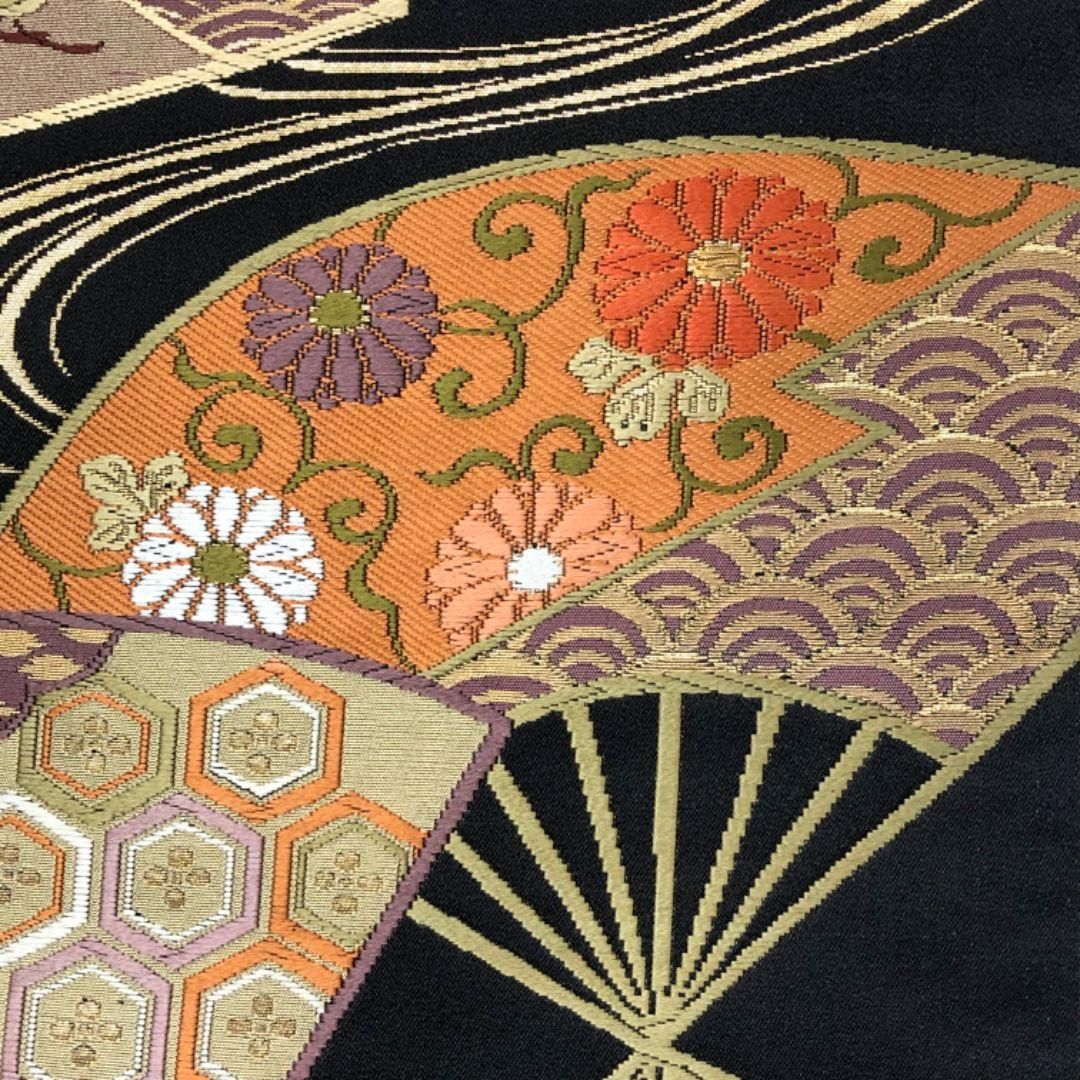 袋帯 流水 扇面 亀甲 七宝 花模様 黒色 金糸 O-5228 - メルカリ