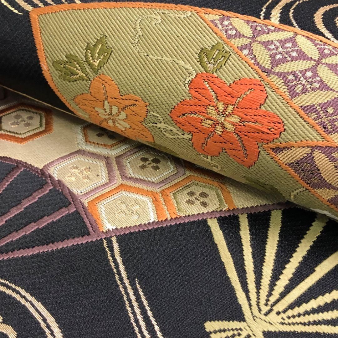 袋帯 流水 扇面 亀甲 七宝 花模様 黒色 金糸 O-5228 - メルカリ