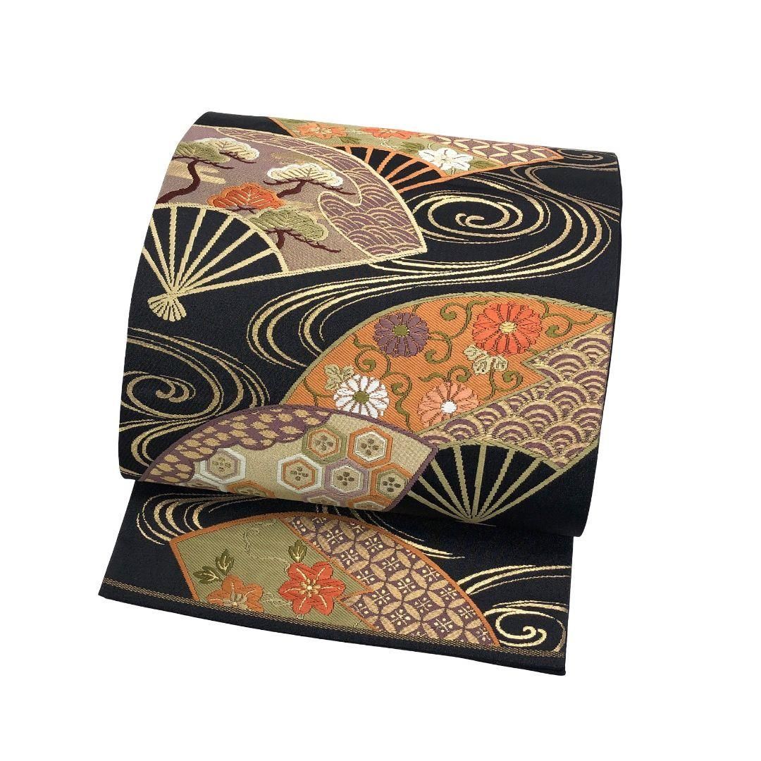 袋帯 流水 扇面 亀甲 七宝 花模様 黒色 金糸 O-5228 - メルカリ