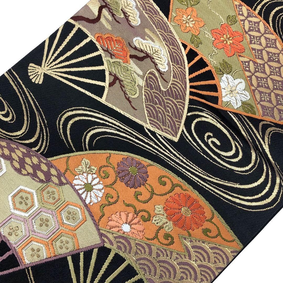 袋帯 流水 扇面 亀甲 七宝 花模様 黒色 金糸 O-5228 - メルカリ