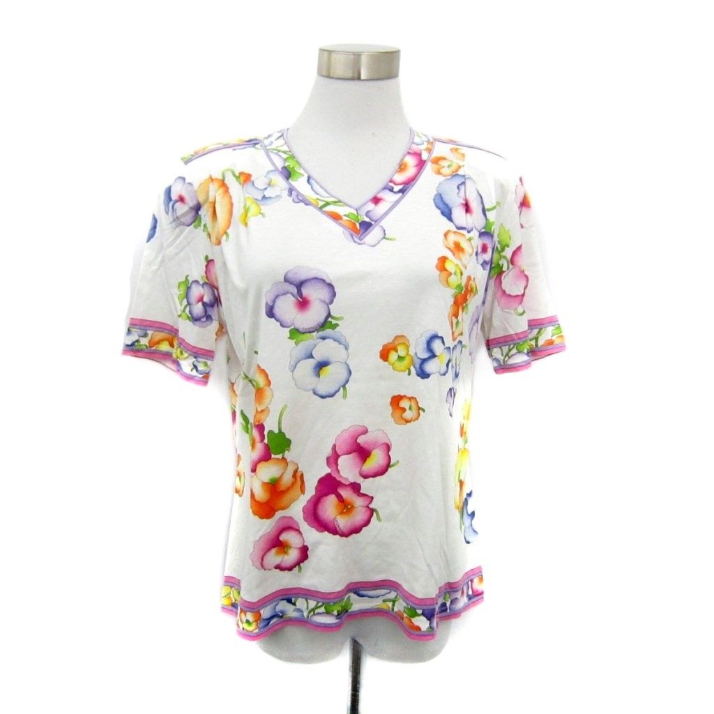 レオナール LEONARD カットソー 半袖 L 白 マルチカラー 花柄 Vネック