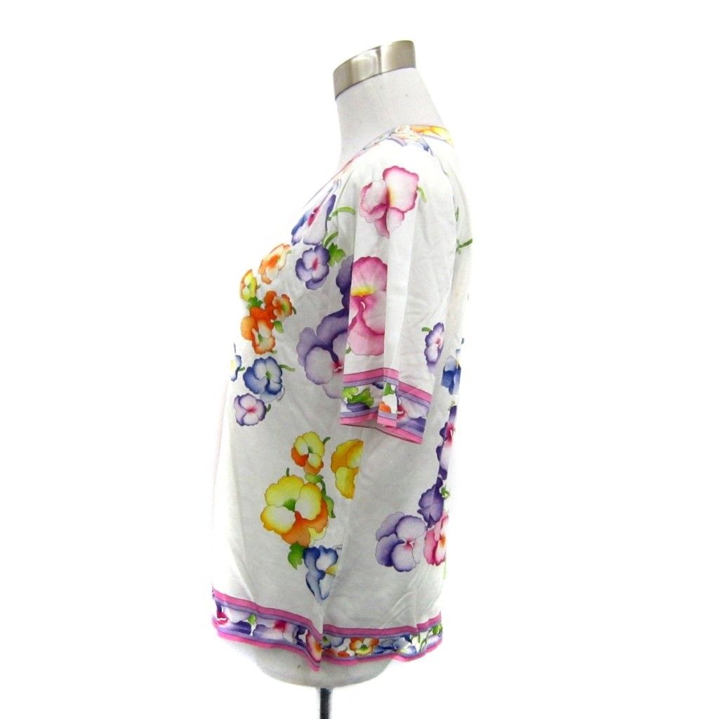 レオナール LEONARD カットソー 半袖 L 白 マルチカラー 花柄 Vネック