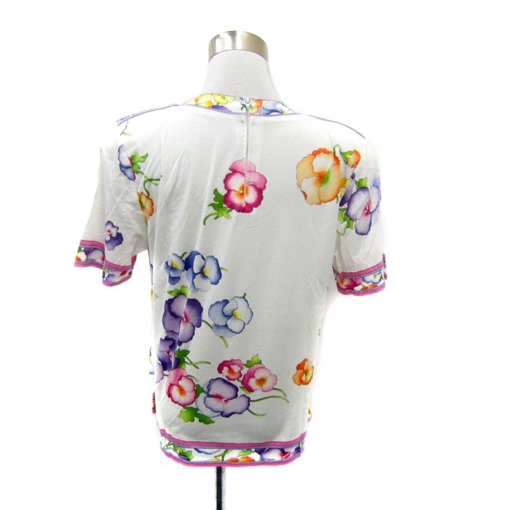 レオナール LEONARD カットソー 半袖 L 白 マルチカラー 花柄 Vネック