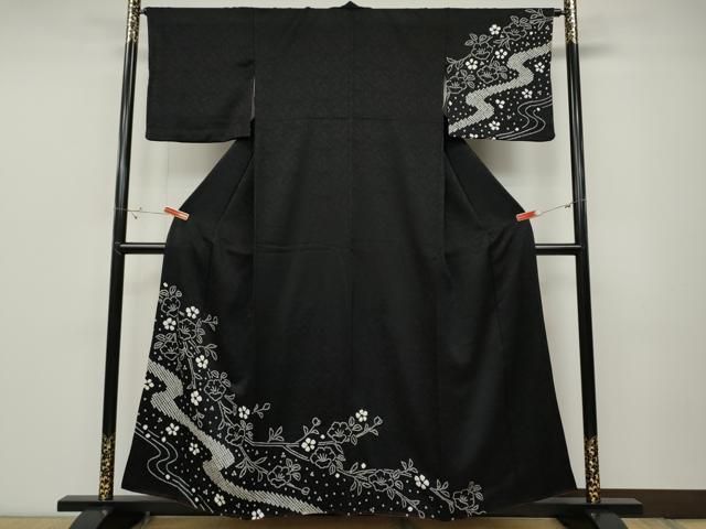 平和屋着物○訪問着 総絞り 流水枝花文 黒地 正絹 逸品 CABD0061ut
