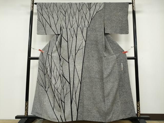 平和屋着物○二代目 川村久太郎 訪問着 枝木文 たたき染め 黒地 正絹