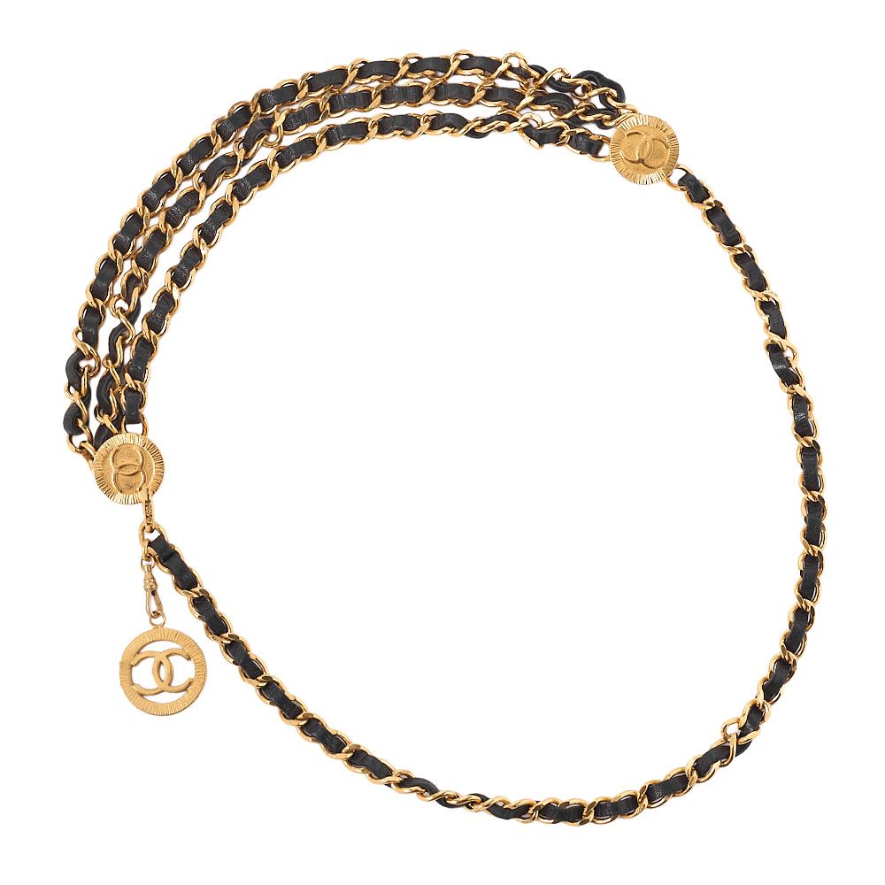 CHANEL シャネル ココマーク チェーンベルト 三連 GP×革 黒×ゴールド