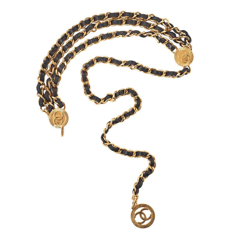 CHANEL シャネル ココマーク チェーンベルト 三連 GP×革 黒×ゴールド
