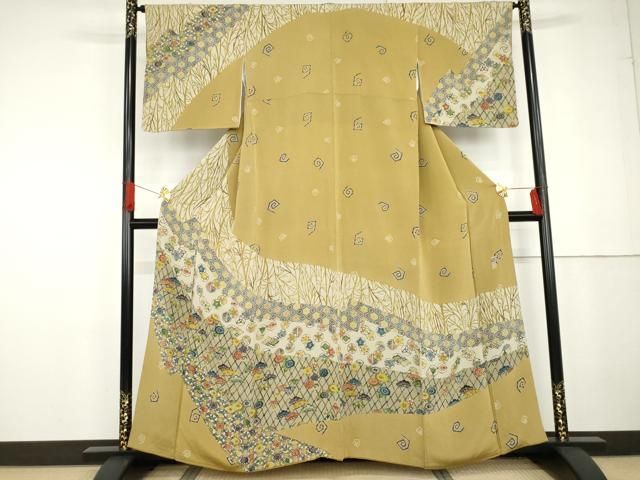 平和屋着物○江戸紅型 五味桂子 訪問着 型染め 吉祥花丸文 鬼しぼ縮緬