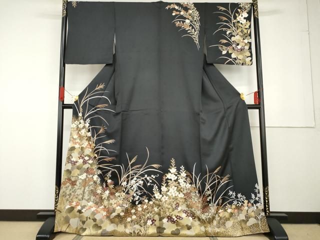 平和屋着物●訪問着　友禅　駒刺繍　草花文　黒地　金彩　正絹　逸品　AABG3487cs 平和屋着物○訪問着 友禅 駒刺繍 草花文 黒地 金彩 正絹 逸品