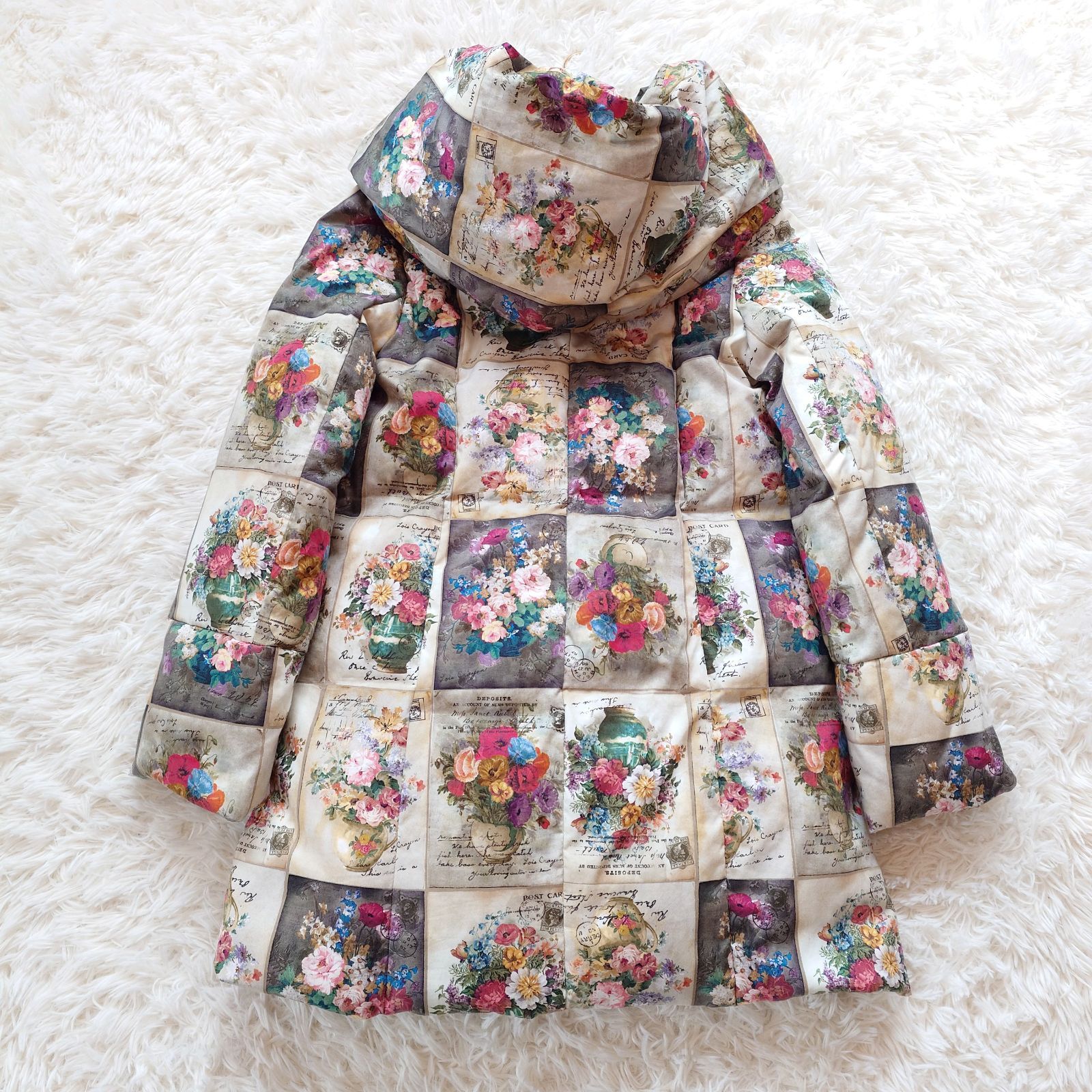 ロイスクレヨンLois CRAYOYナポレオントレンチロングコート花柄M金ボタン ロイスクレヨン Lois CRAYON ポストカード柄 花柄 ロング ダウンコート