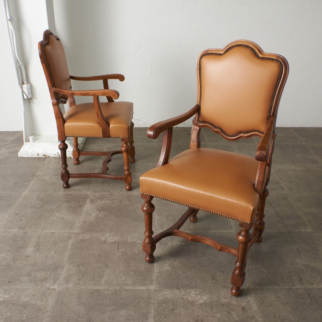 座面張替済 2脚セット 西洋 クラシック アームチェア ダイニングチェア