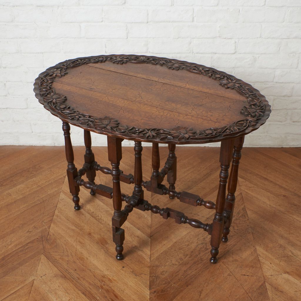 西欧 アンティーク ゲートレッグ サイドテーブル 木彫刻 マホガニー