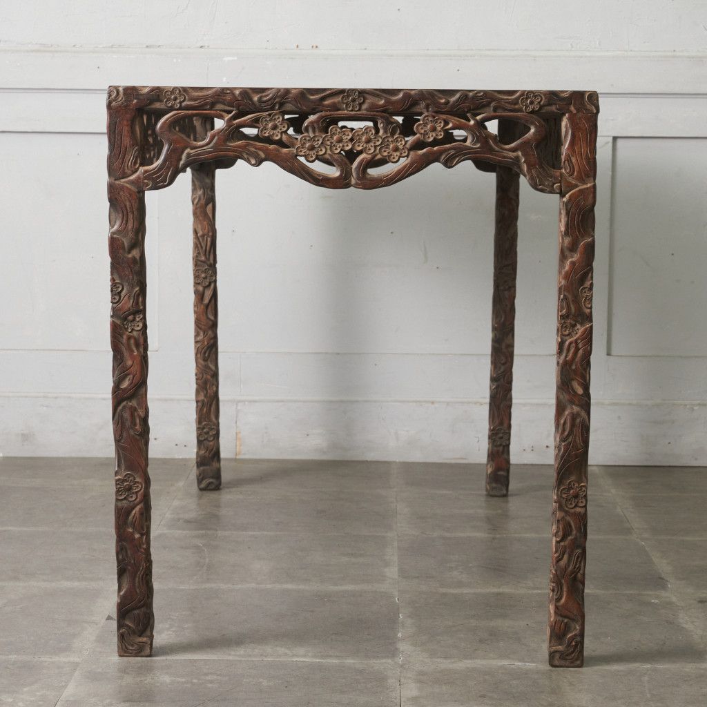 中国 アンティーク 木彫刻 コンソール テーブル 飾り棚 サイドテーブル