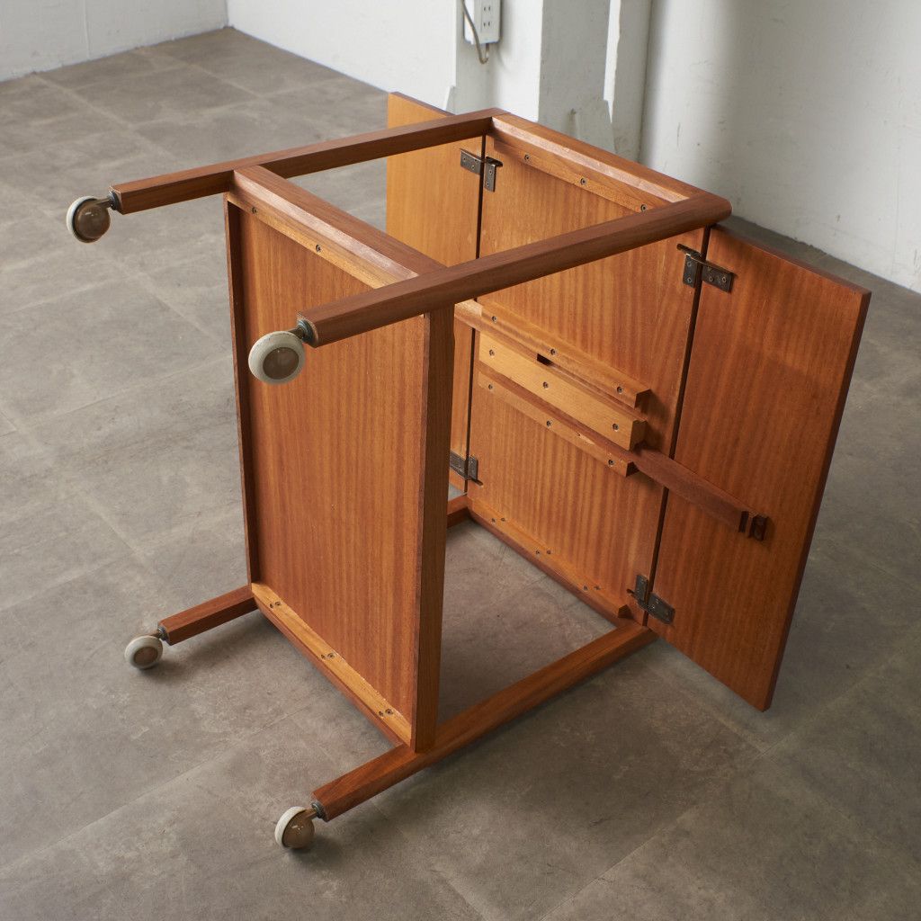 英国アンティーク木製ドロップリーフトロリーテーブル/収納式机ワゴン