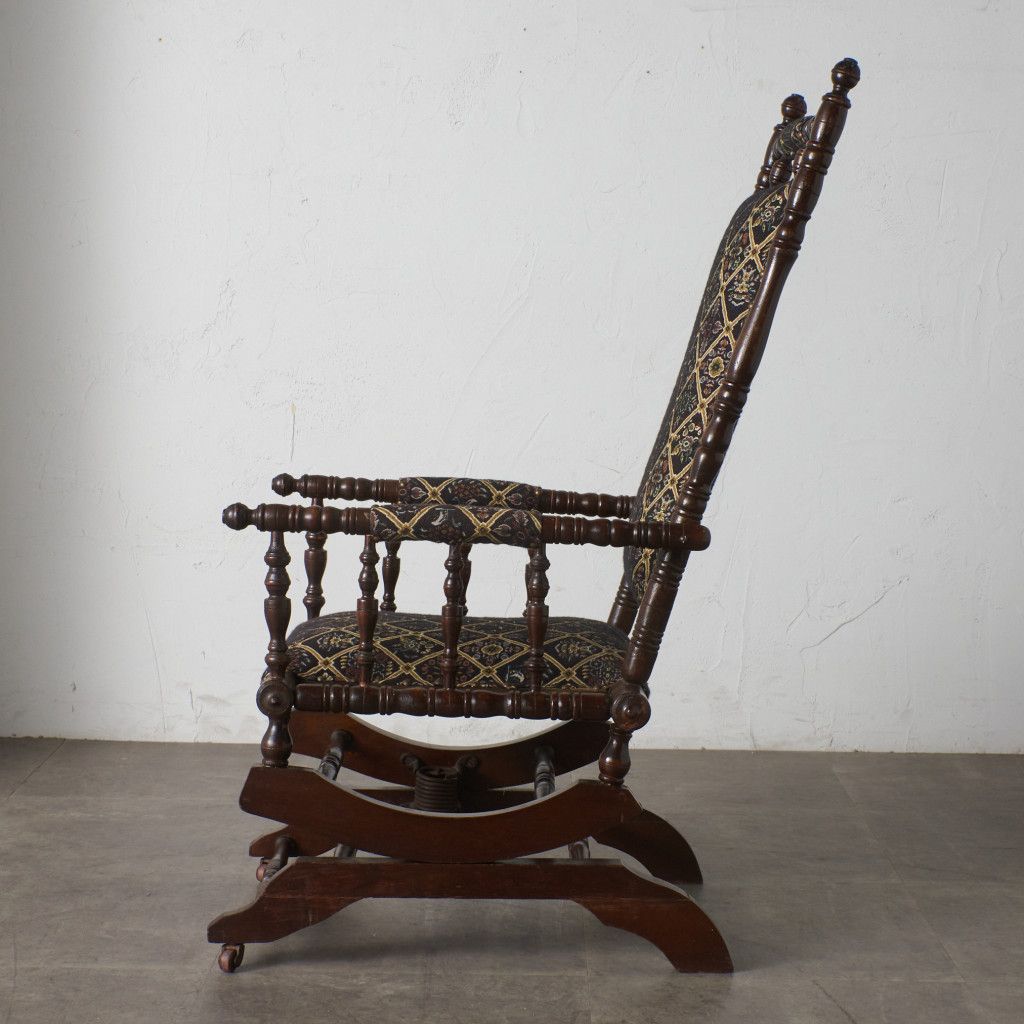 英国 アンティーク エドワーディアン 様式 ロッキングチェア 木彫刻