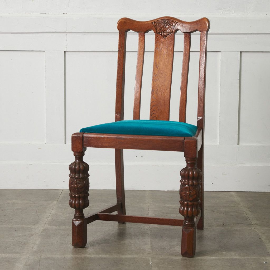 張替済 英国 アンティーク ダイニングチェア 木彫刻 オーク 木製