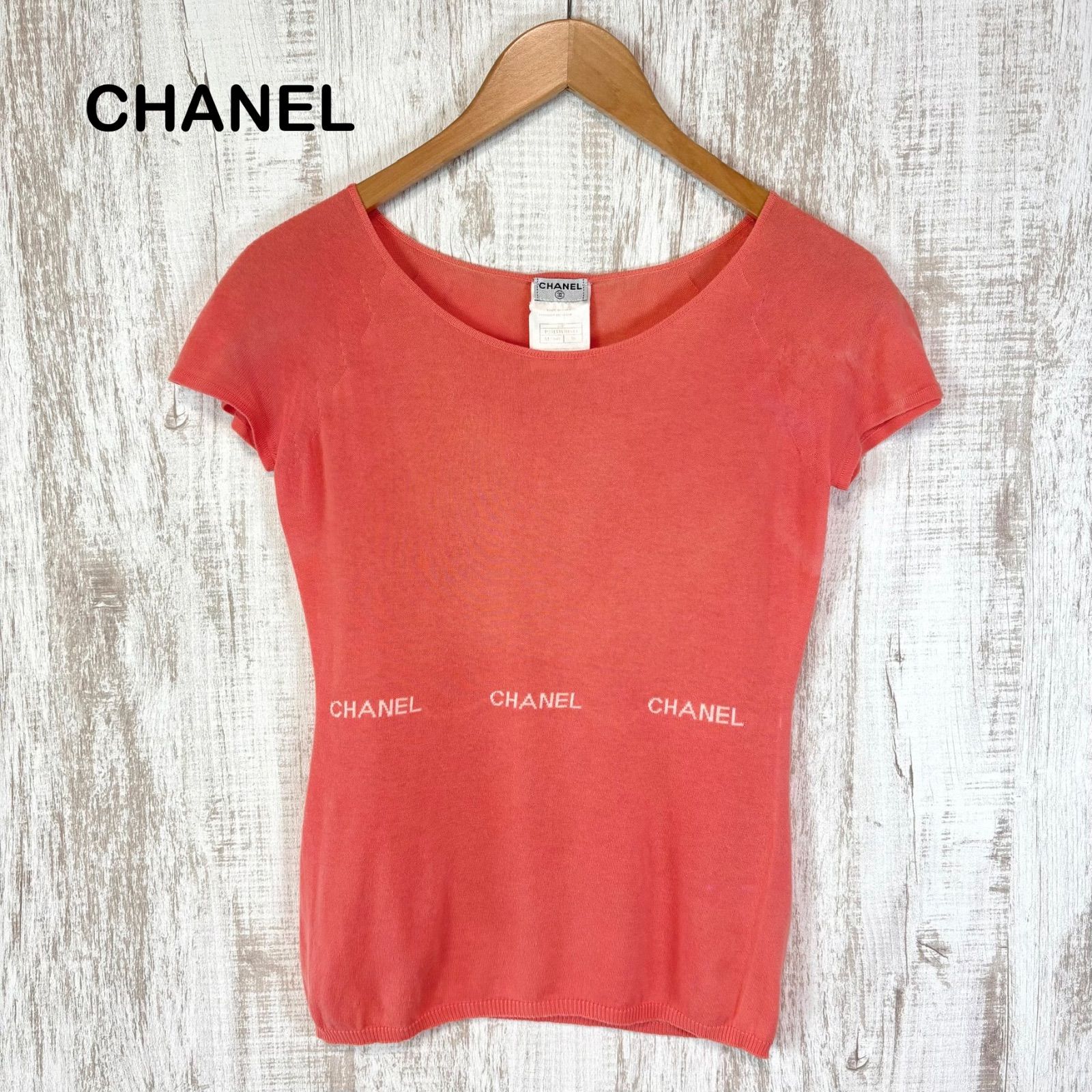 CHANEL シャネル ロゴ ライン コットン サマーニット ピンク 半袖 