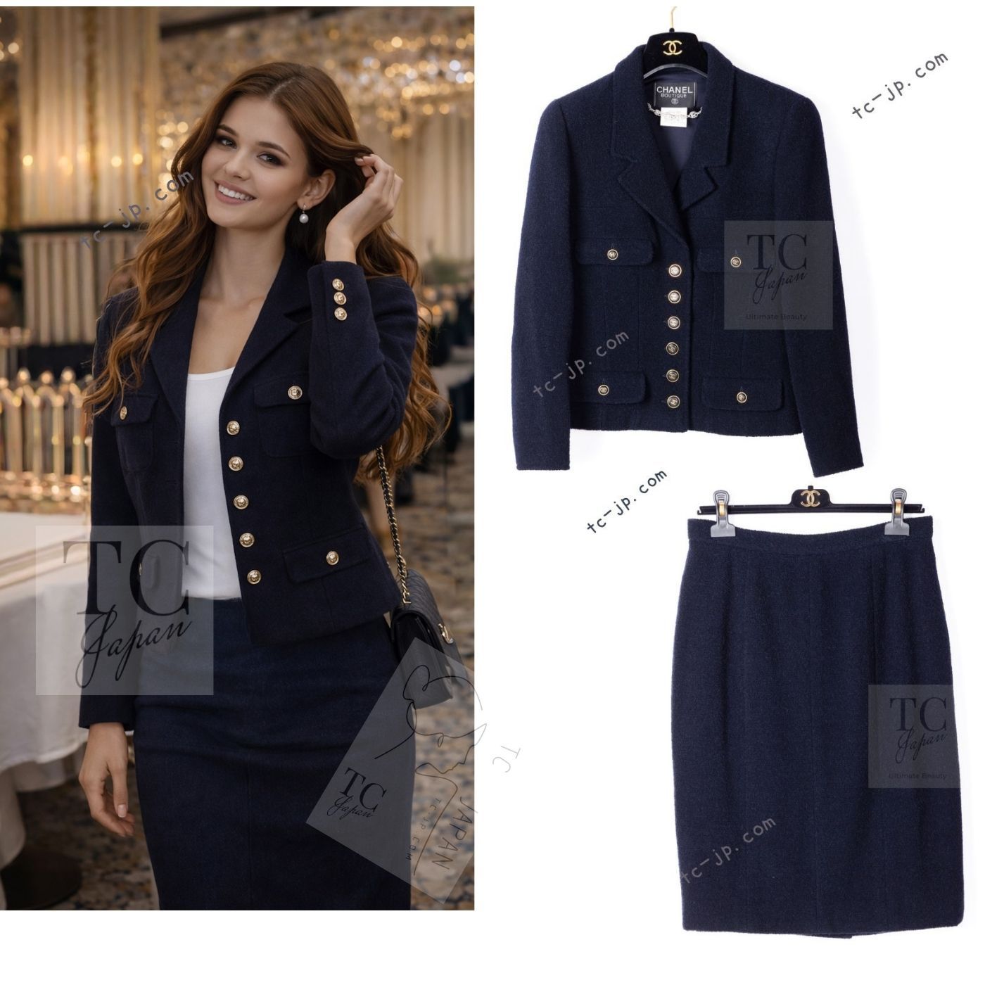 シャネル ヴィンテージ ジャケット スーツ CHANEL ダーク ネイビー