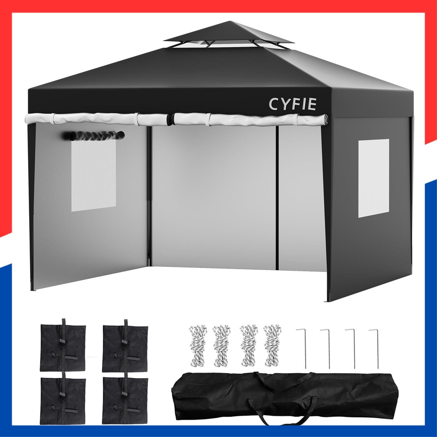 文房具・事務用品 【人気商品】収納袋付 遮光遮熱 高耐水 アウトド/イベント/運動会/防災 UV加工 3段階調節 網戸付き 300x300cm ワンタッチタープ 風抜け 横幕/サイドシート4枚付 ブラック 3mx3m タープテント CYFIE