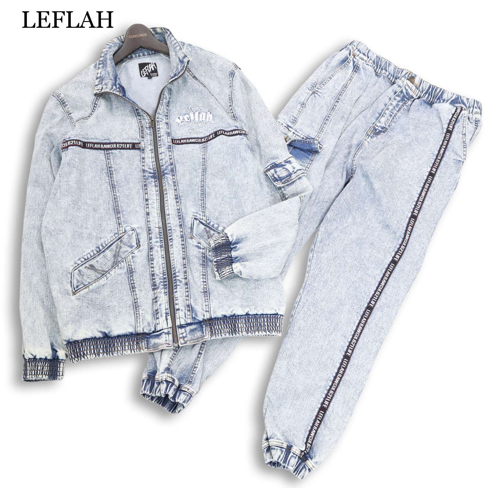 レフラー　ロゴ刺繍　ストレッチ　デニム　セットアップ　サイズＬ LEFLAH レフラー 通年 ロゴ刺繍☆ ブリーチ加工 ストレッチ デニム