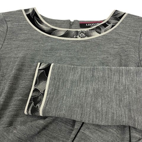 レオナール LEONARD ワンピース 長袖 ひざ丈 クルーネック ライン