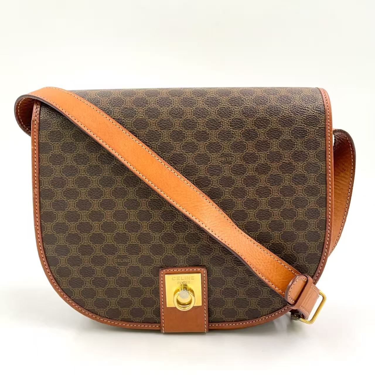 CELINE マカダム柄 レザー×PVC ブラウン ショルダーバッグ ゴールド