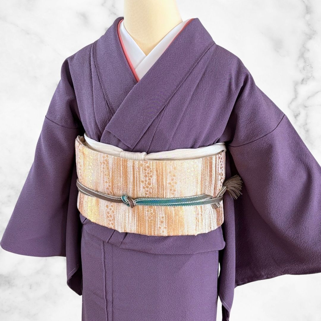 色無地 一ツ紋 袋帯 重ね衿 3点セット 身丈156cm 正絹 紫 袷