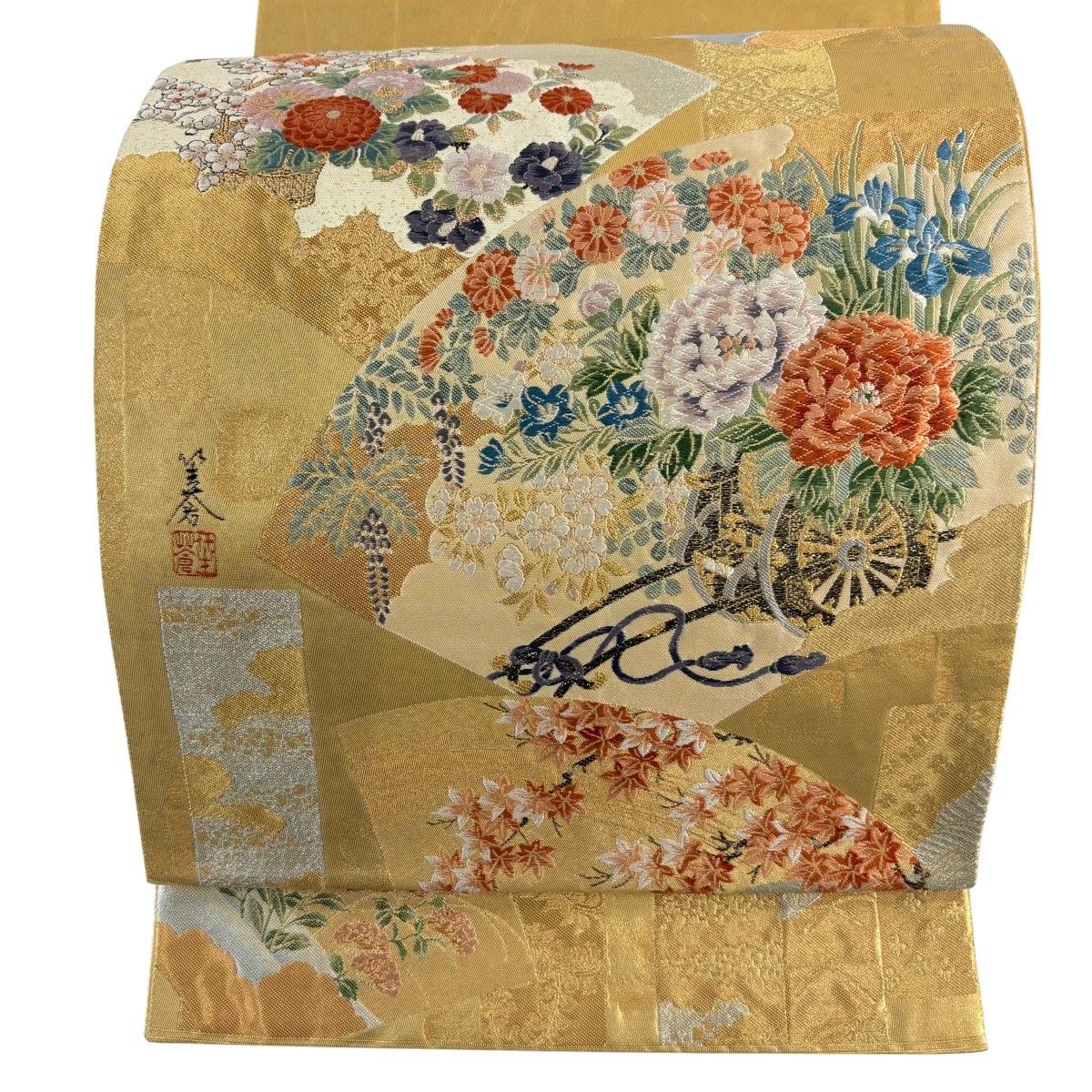 袋帯 秀品 落款 関西仕立て 扇面 花車 刺繍 金銀糸 金色 お太鼓柄 正絹