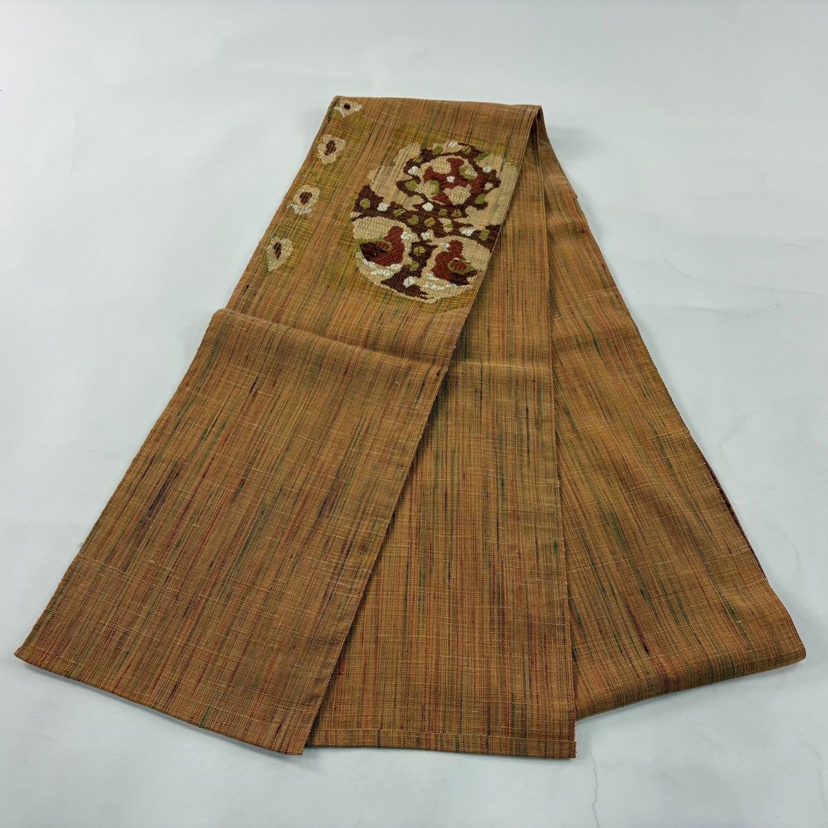美品】 名古屋帯 優品 八寸名古屋帯 鳥 草花 茶色 正絹 【中古