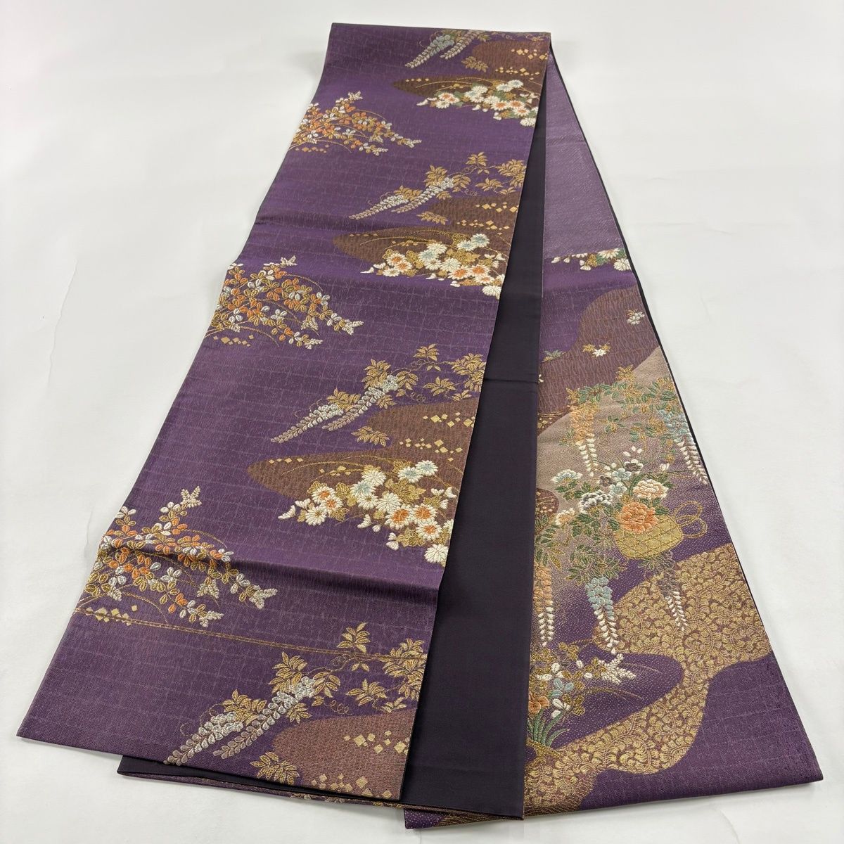 美品】 袋帯 秀品 花籠 流水 金銀糸 箔 紫 お太鼓柄 正絹 【中古