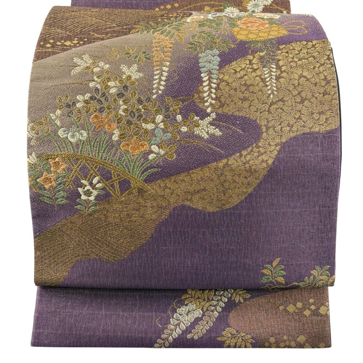 美品】 袋帯 秀品 花籠 流水 金銀糸 箔 紫 お太鼓柄 正絹 【中古