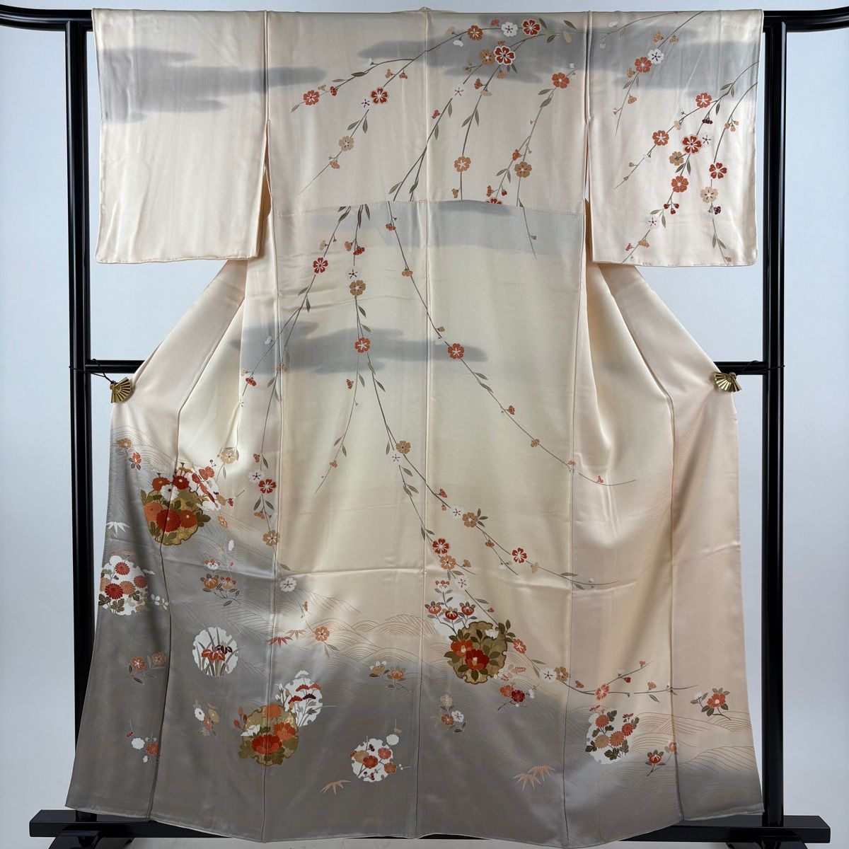 訪問着 身丈158.5cm 裄丈63cm S 袷 雪輪 草花 金彩 ぼかし 薄オレンジ