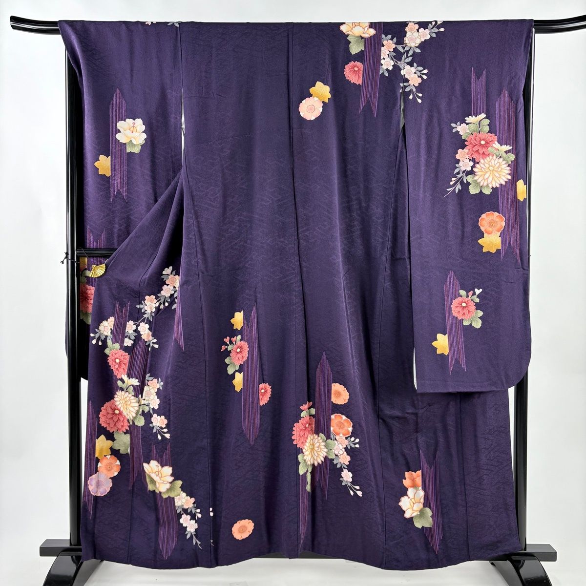 振袖 身丈159cm 裄丈69cm L 袷 やまと 菊 桜 金彩 濃紫 正絹 秀品