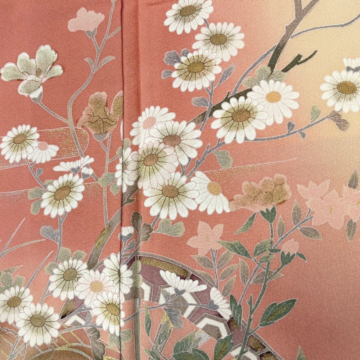 訪問着 身丈162cm 裄丈68.5cm L 袷 枝花 波 金銀彩 ぼかし サーモン