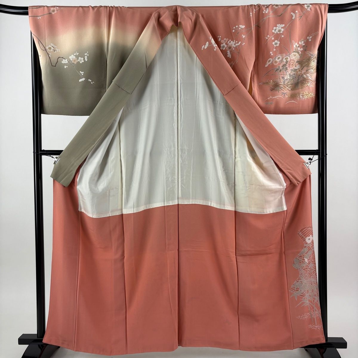 訪問着 身丈162cm 裄丈68.5cm L 袷 枝花 波 金銀彩 ぼかし サーモン