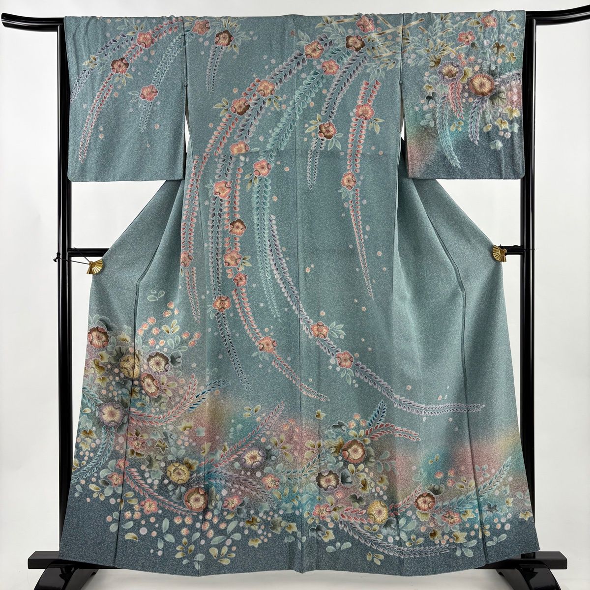 訪問着 身丈161cm 裄丈66cm M 袷 辻ヶ花柄 ぼかし 青灰色 正絹 秀品 一 