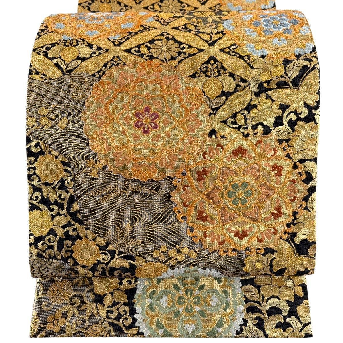 美品】 袋帯 秀品 華文 花唐草 金糸 箔 金色 六通 正絹 【中古