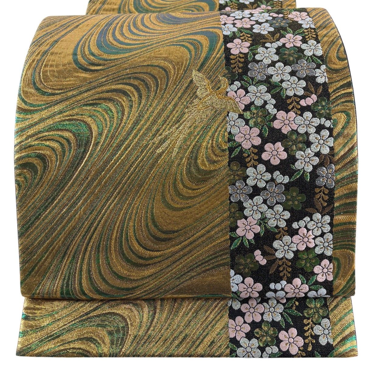 美品】 袋帯 秀品 振袖向き 梅 鳥 金銀糸 箔 金色 六通 正絹 【中古