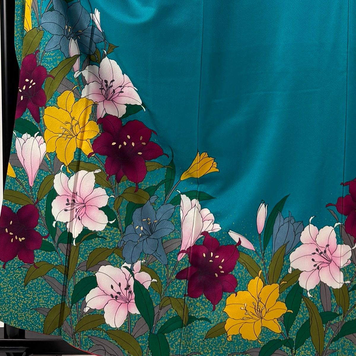 美品】 振袖 身丈162cm 裄丈66cm M 袷 草花 金彩 青緑 正絹 秀品