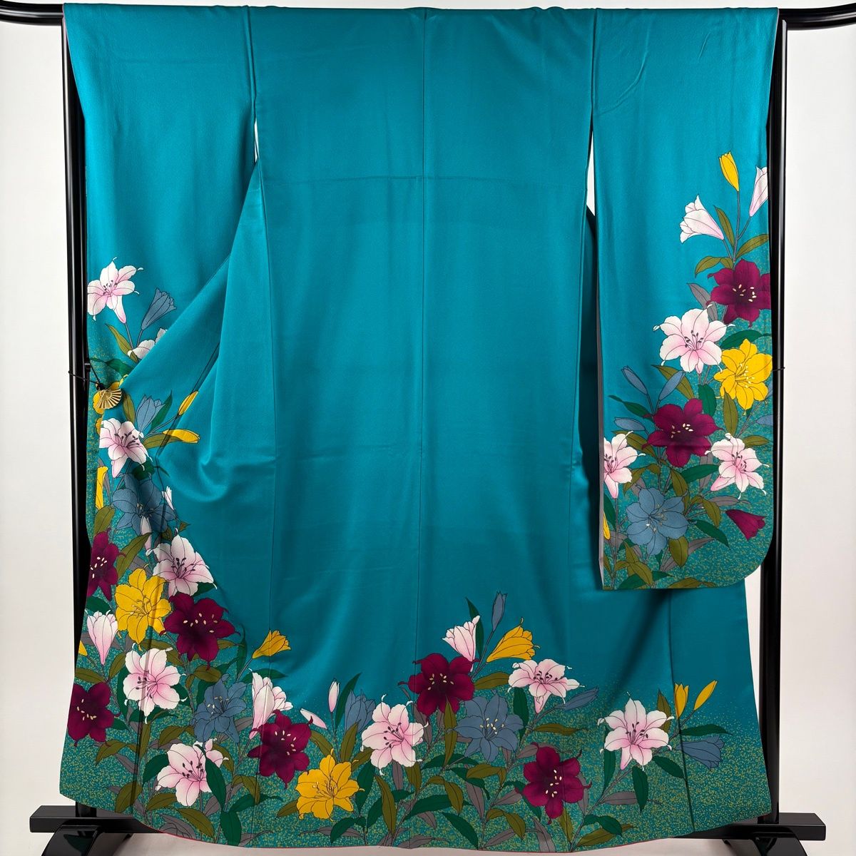 美品】 振袖 身丈162cm 裄丈66cm M 袷 草花 金彩 青緑 正絹 秀品