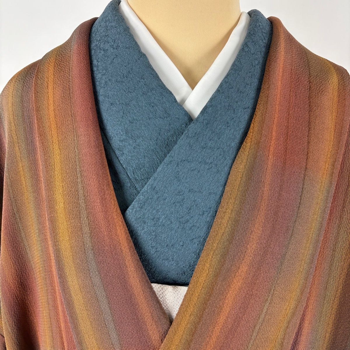 道中着 美品 秀品 落款 和装コート 縦縞 ぼかし 紺色 身丈91.5cm 裄丈 