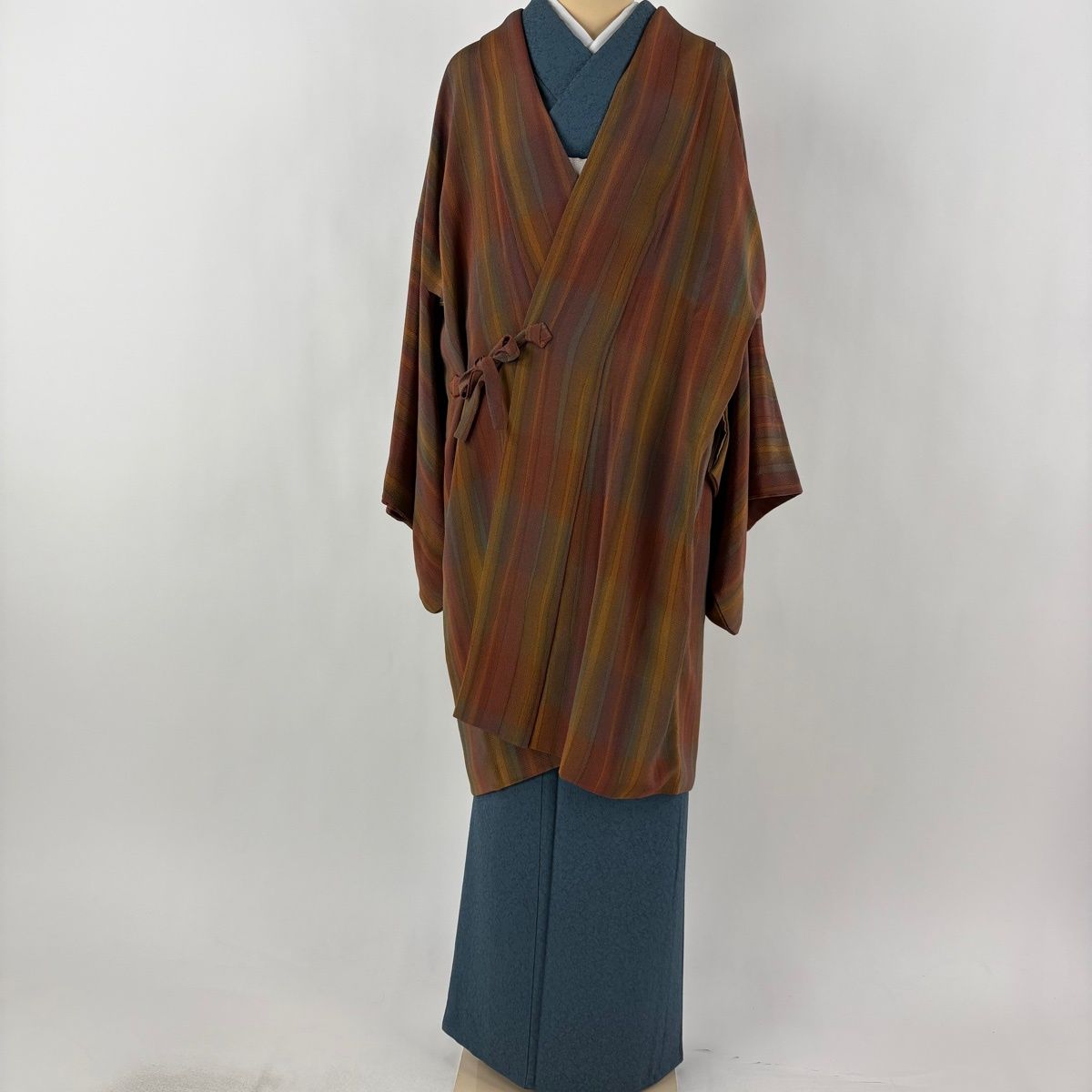 道中着 美品 秀品 落款 和装コート 縦縞 ぼかし 紺色 身丈91.5cm 裄丈 