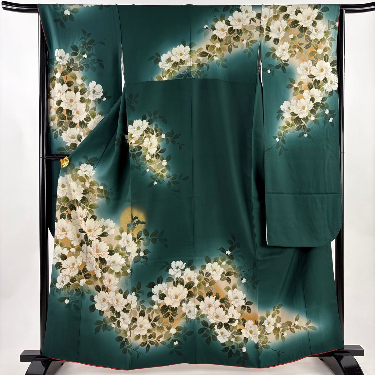 美品】 振袖 身丈163cm 裄丈65.5cm M 袷 袋帯フルセット 椿 金糸 深緑