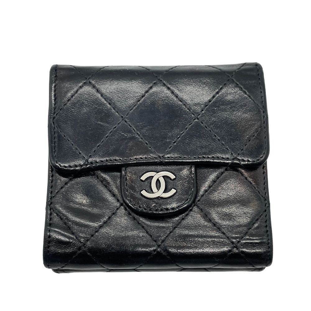 玉津店 中古】CHANEL Wホック 三つ折り財布 ココマーク ブラック