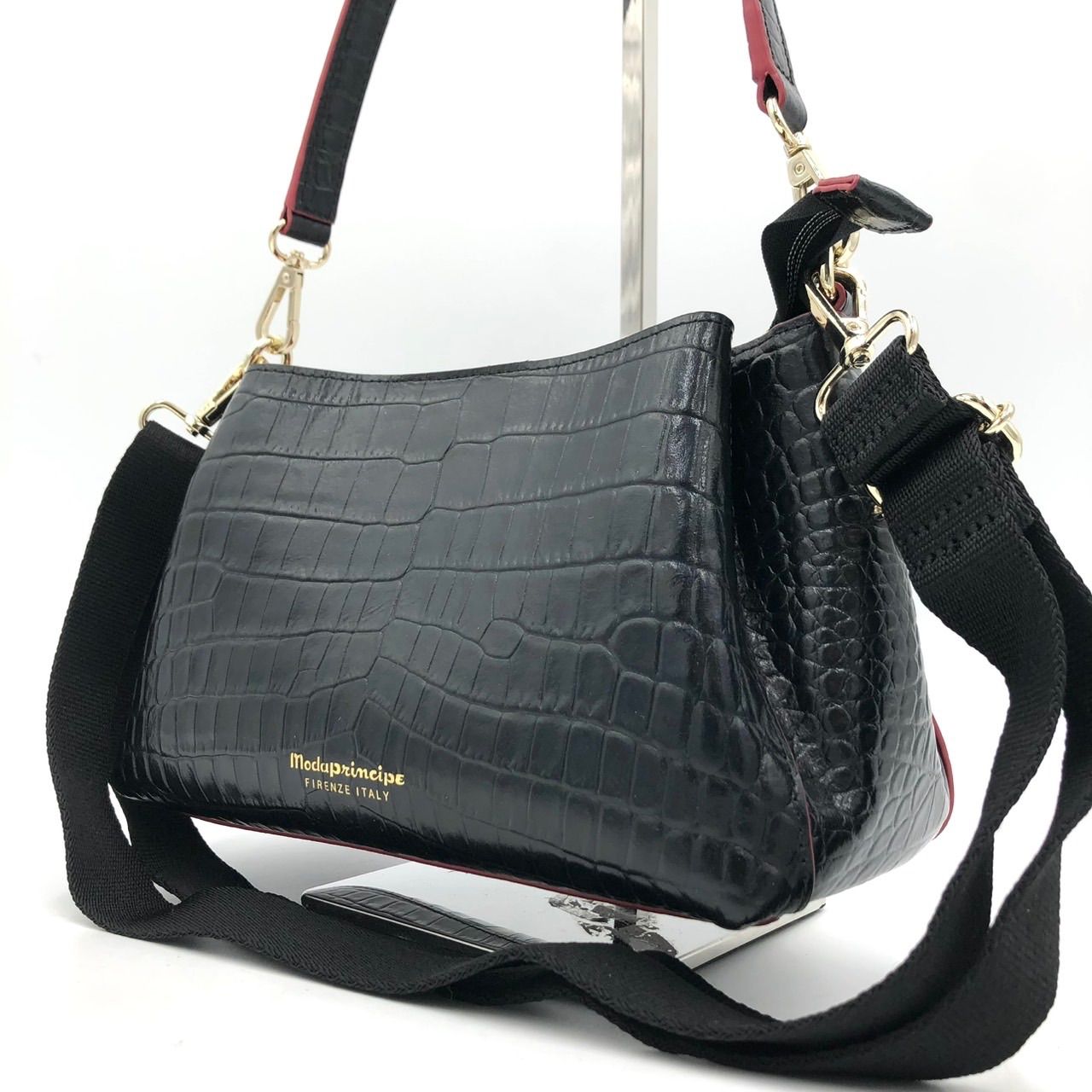 美品】モーダプリンチペ クロコ型押し 2WAY ショルダーバッグ 黒 本革 