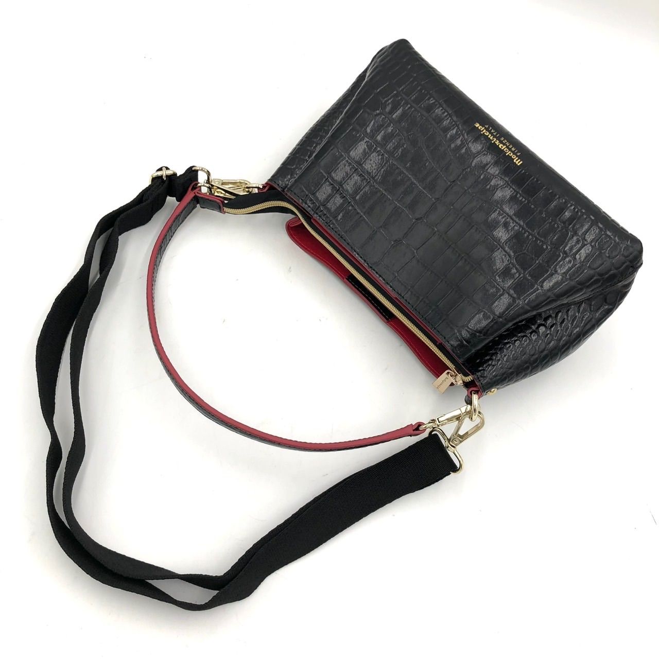 美品】モーダプリンチペ クロコ型押し 2WAY ショルダーバッグ 黒 本革 