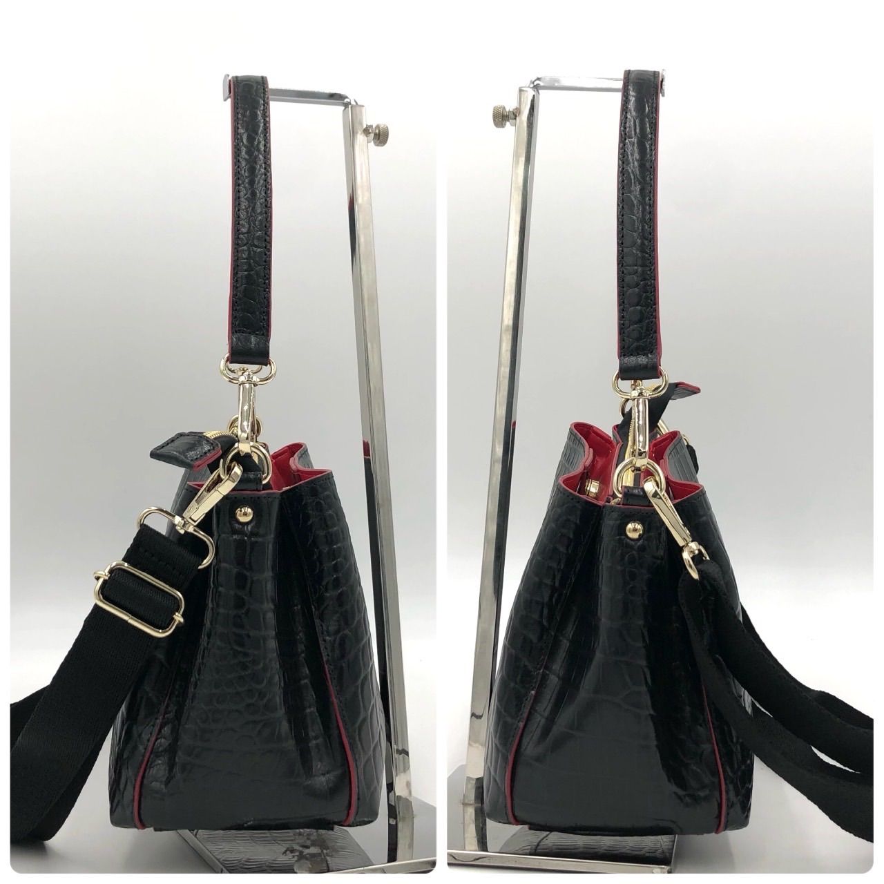 美品】モーダプリンチペ クロコ型押し 2WAY ショルダーバッグ 黒 本革 