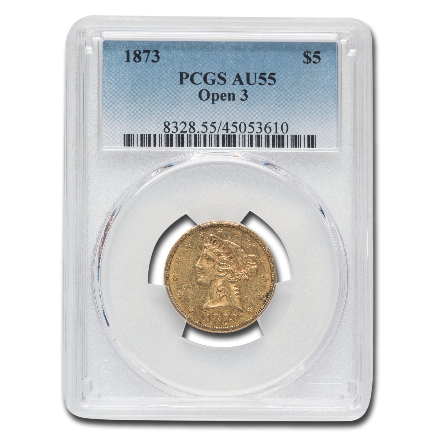 1873年 OPEN 3 $5 リバティ 金貨 NGC AU 55/NGC-14